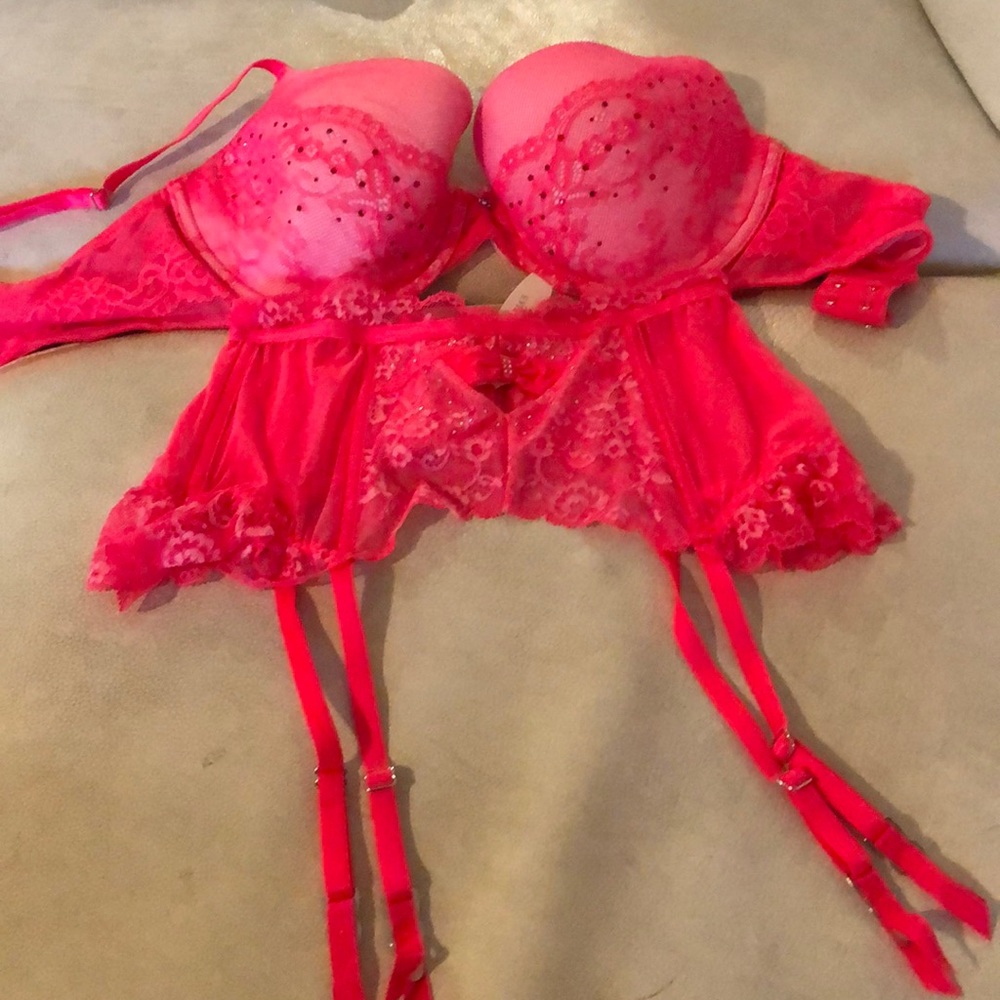 Victoria Secret Bra & Garter set 36D rhinestones